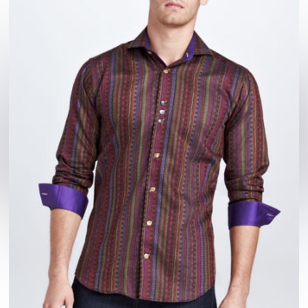Bogosse | Kaz 95 Jacquard Vertical Stripe Button Down Shirt Multicolor (4/Large)